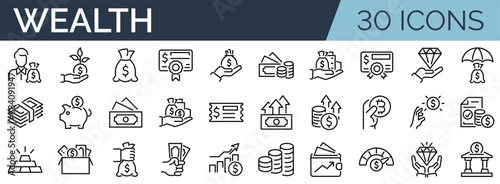 Set of 30 outline icons related to wealth. Linear icon collection. Editable stroke. Vector illustration