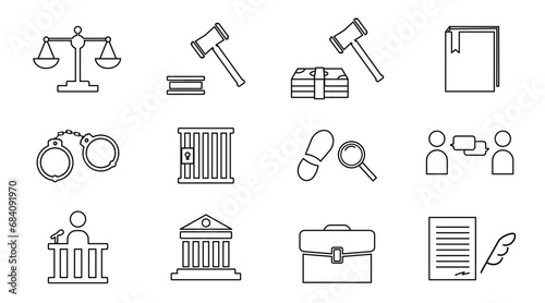 Trial and law icon set, trial, law, advocacy, outline set,