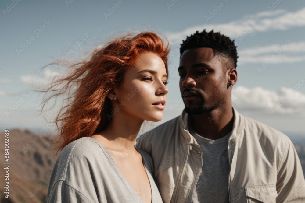 Close-up portrait of a beautiful couple in nature. Black man and Caucasian woman on a date, hiking, love, valentine's day concepts. Close-up portrait of a beautiful couple in nature. Black man and Caucasian woman on a date, hiking, love, valentine's day concepts.