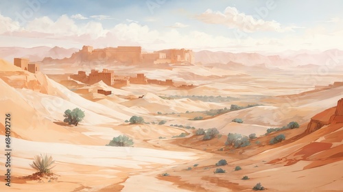 水彩画背景_世界旅行_モロッコ_砂漠の景色_01