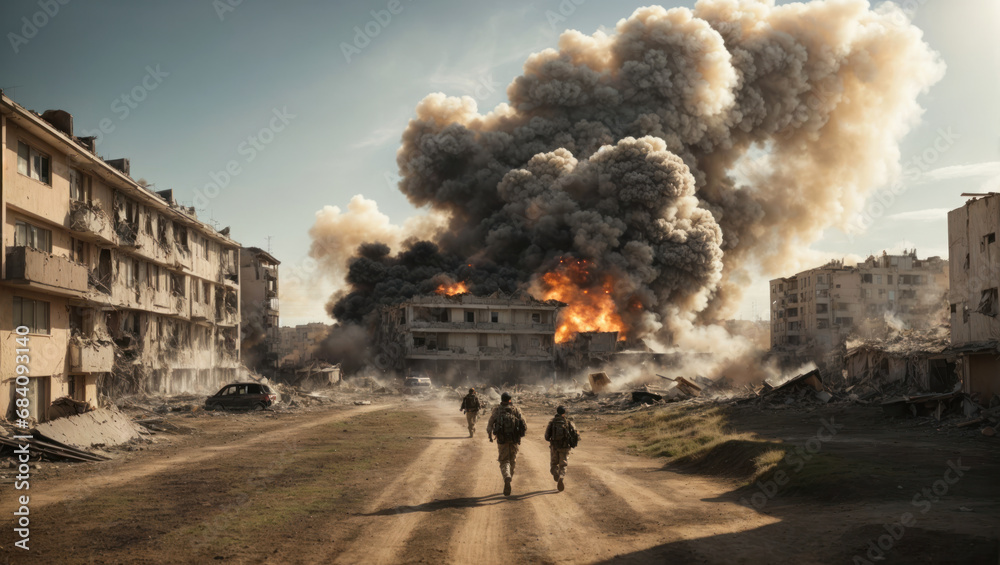 Burning ruins of destroyed houses in city from bombs or missile attacks. A typical modern armed conflict - obrazy, fototapety, plakaty 