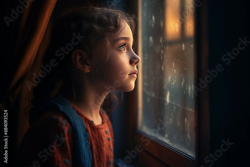 Girl window makes wish in rainy day. Home shiny success visualize. Generate Ai