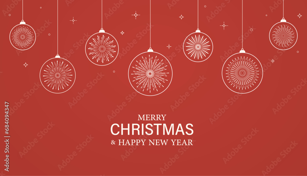 Merry Christmas and New Year red background with hanging balls. Christmas design for banners, greeting cards, posters, advertising.