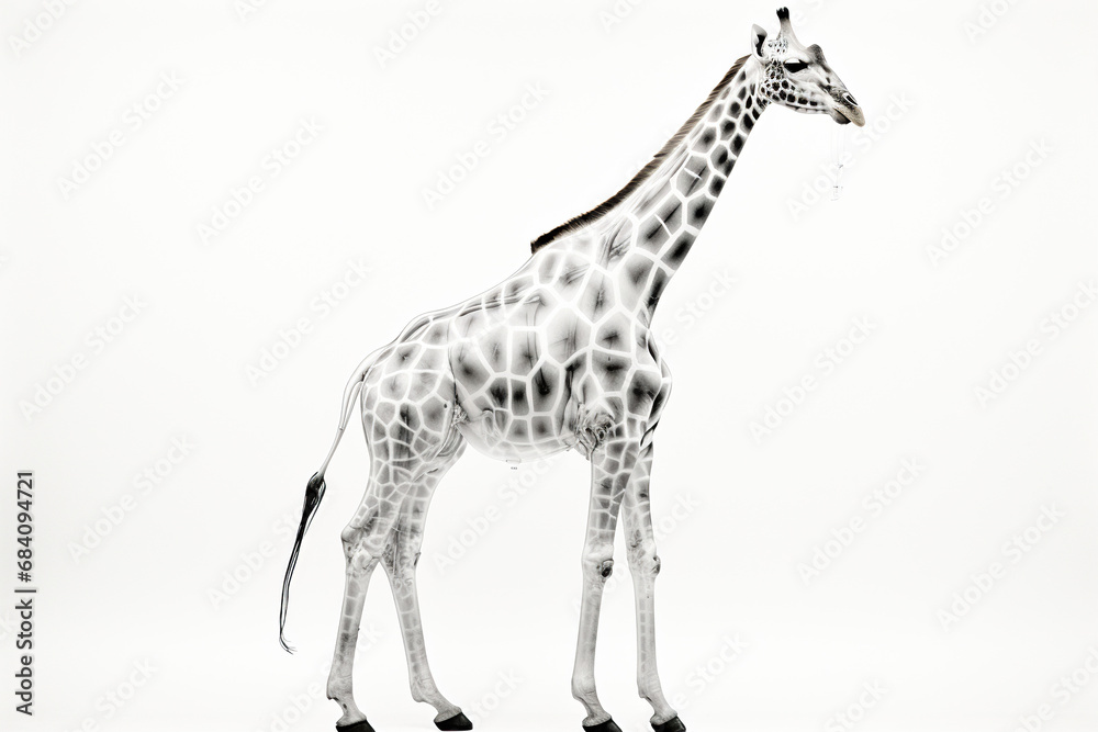 Black and white image of a giraffe on a white background. Generative AI