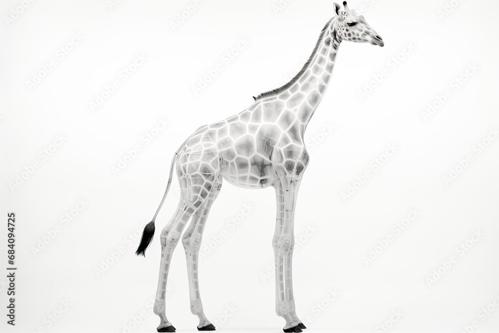 Black and white image of a giraffe on a white background. Generative AI