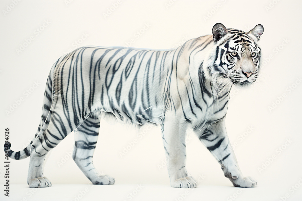 Fototapeta premium Adult white tiger with wet fur, isolated on a white background. Generated by artificial intelligence