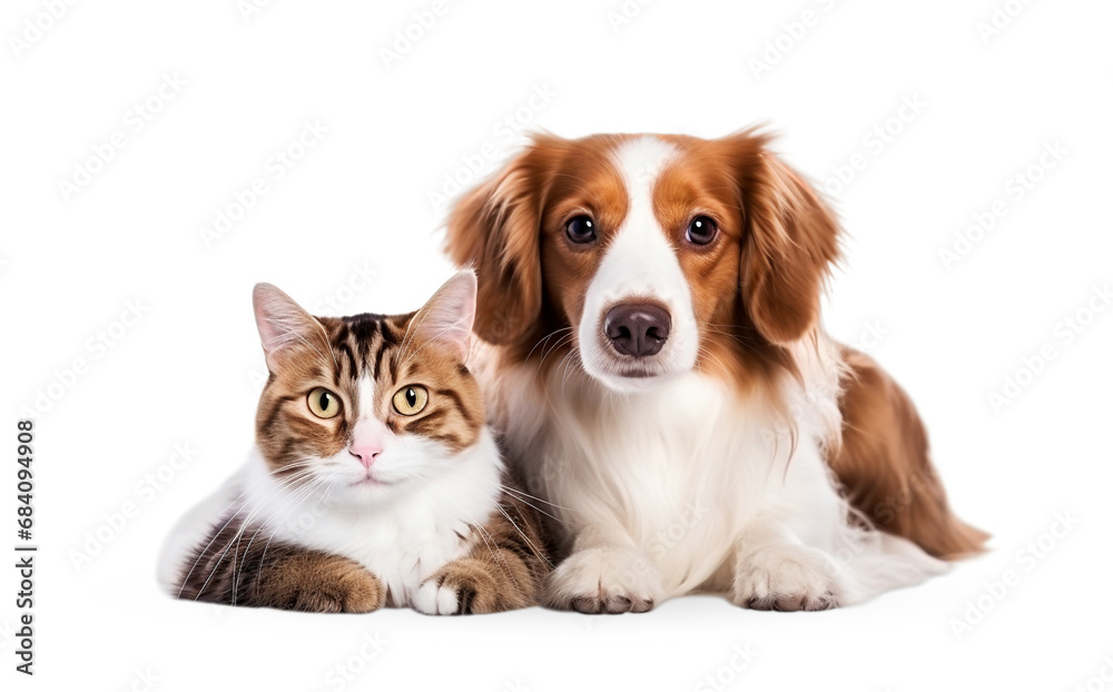 A dog and a cat lie together on the background.