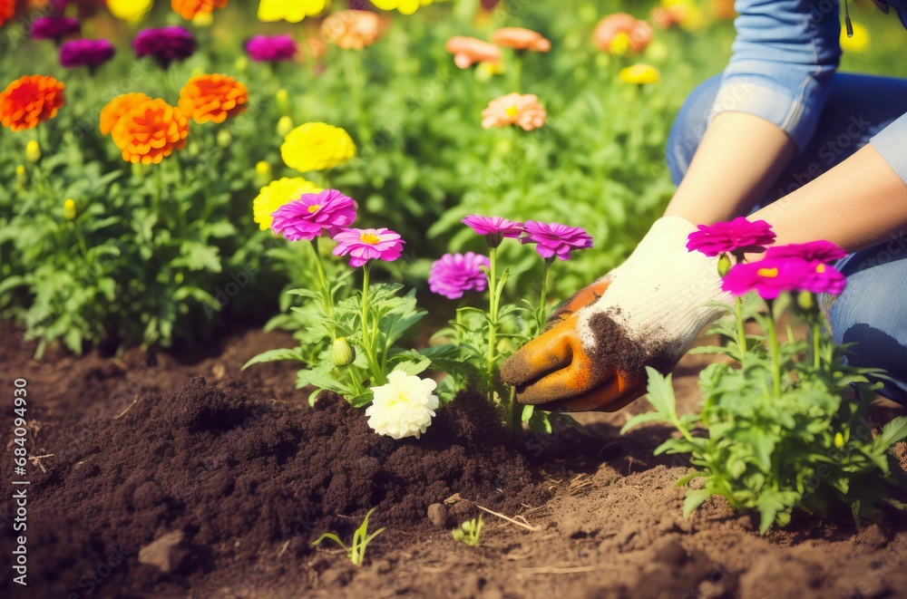 Fototapeta premium Hands planting flowers garden. Green plant outdoor botany tools. Generate Ai