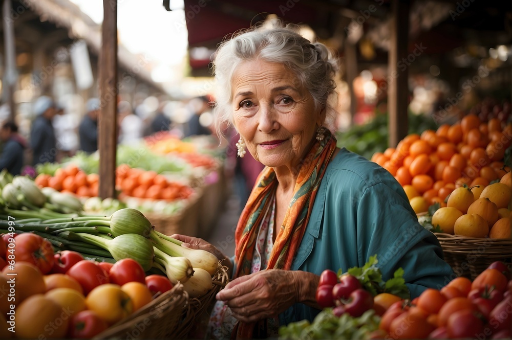 Portrait of beautiful elderly woman selling vegetables and fruits at farmers market, self employment, lifestyle background - obrazy, fototapety, plakaty 