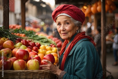 Portrait of beautiful elderly woman selling vegetables and fruits at farmers market, self employment, lifestyle background