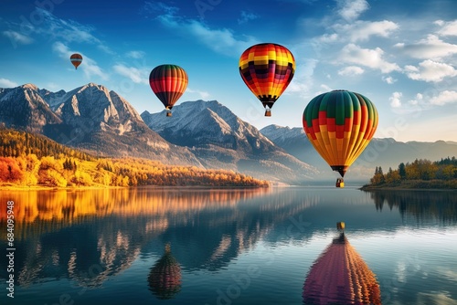 Colorful hot air balloons flying over the beautiful landscape of nature © Rudsaphon