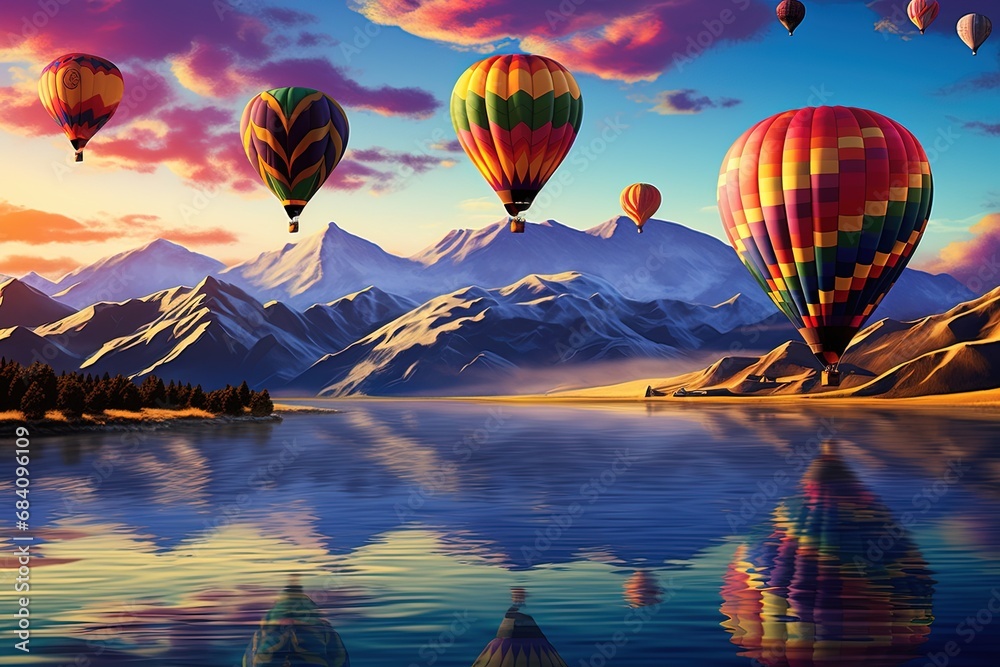 Obraz premium Colorful hot air balloons flying over the beautiful landscape of nature