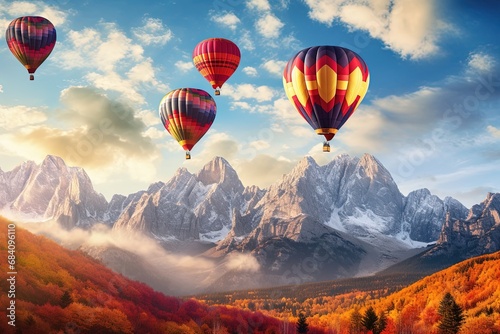 Colorful hot air balloons flying over the beautiful landscape of nature