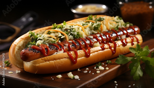 Grilled hot dog with ketchup, cheese, and slaw on a wooden board.