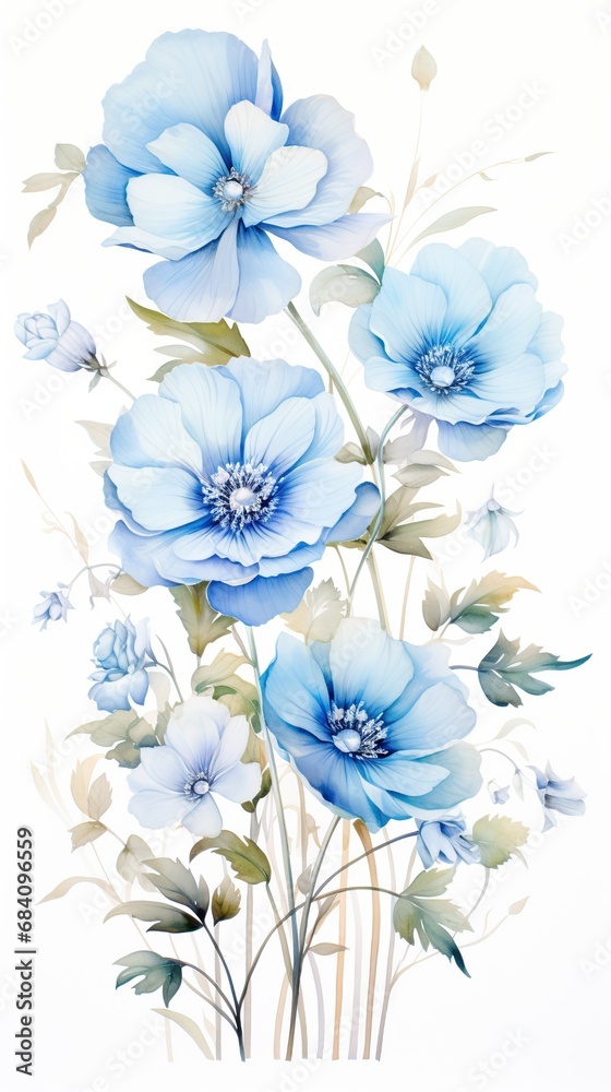 Hand Drawn Watercolor Blue Flower White Background. Generative AI