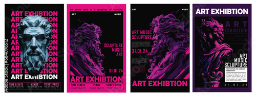 set of 4 abstract art poster for the exhibition festival of classical and contemporary painting, sculpture and music. bust, statues. Unique typography posters, vector illustrations