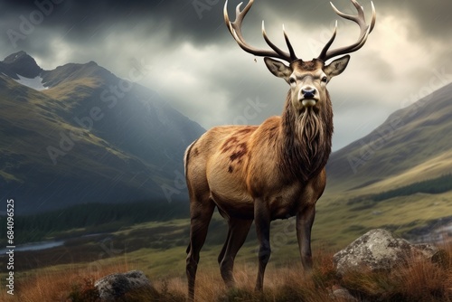 Majestic stag against backdrop of rugged mountain terrain under stormy sky. Nature and wildlife. photo
