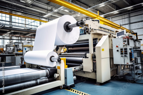 Factory for the production of paper and cardboard. Production equipment for paper production. Big machine. The machine makes paper.
