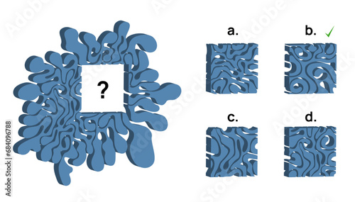 Three dimensional IQ test question with one main ornament shape graphic from which a part is missing and four given options. The b. option is the correct answer. photo