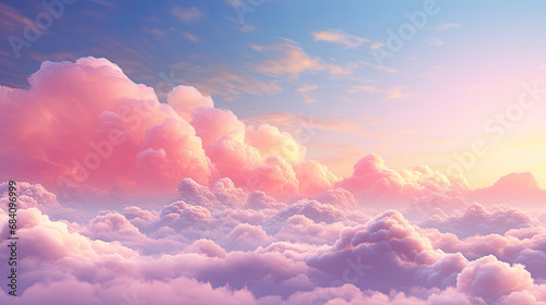 Beautiful cloudscape with blue sky and pink clouds, Pink clouds in the sky stage fluffy cotton candy ,summer paradise dreamy concept. photo