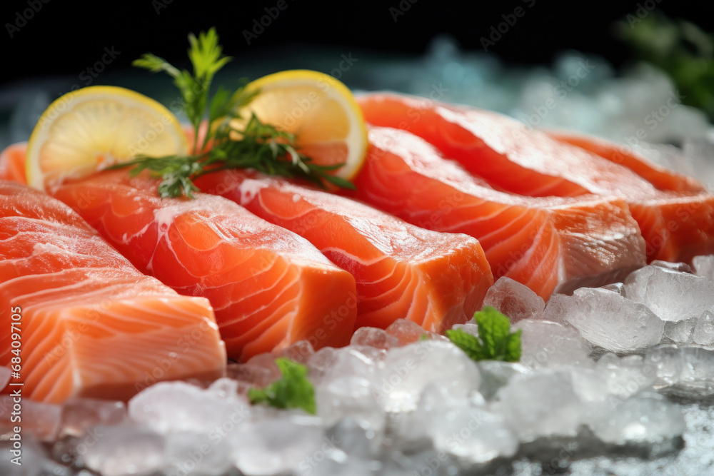 The freshest steak or fillet of fresh Atlantic salmon with herbs. Fresh fish chilled in ice. close-up. Ready to eat.