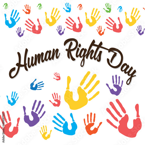 Human right day concept. International peace. Different skin colors hands raised on banner with confetti. Equality awareness icon. Freedom symbol. Cartoon flat on white background.Vector illustration.