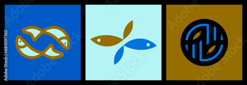 Pair of fish. Modern geometric logo mark template or emblem for fishing tackle shop or seafood restaurant