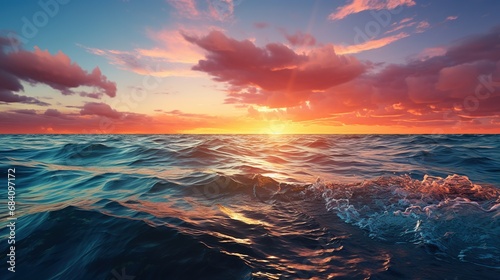 Serene Beauty of a Sunset Over a Tranquil Blue Ocean. Generative AI