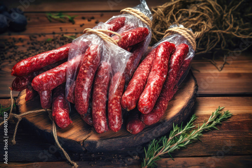 A bunch of smoked sausages in packaging on a wooden table. Appetizing homemade sausages. Wide selection of homemade farm meat products.