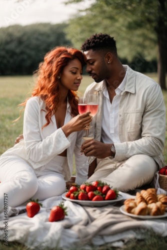 A beautiful couple on a picnic in the park, nature with champagne and strawberries. Date, love, Valentine's day concepts.
