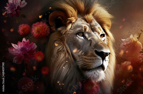 Lion flower curtains wallpapers. Wild animal head king beast. Generate Ai