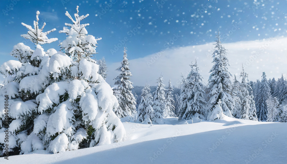 Beautiful landscape with snow-covered fir trees and snowdrifts. Merry Christmas and Happy New Year greeting background with copy-space. Winter fairytale.
