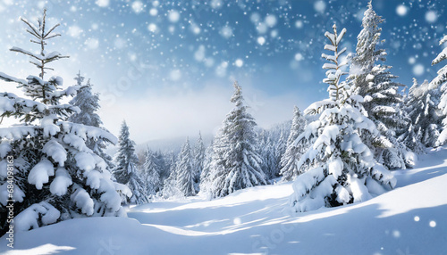 Beautiful landscape with snow-covered fir trees and snowdrifts. Merry Christmas and Happy New Year greeting background with copy-space. Winter fairytale. © Uranzaya