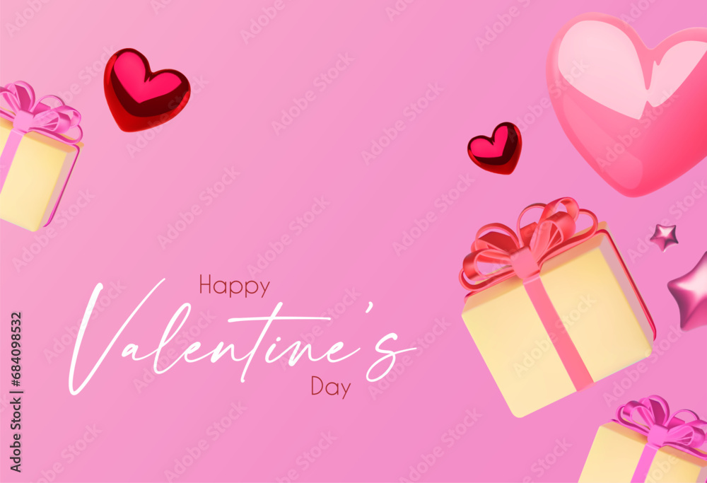 Happy Valentine's day card template with gift box, balloons and hearts.