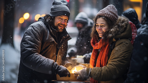 Volunteers distribute food to homeless people on a snowy city street photo