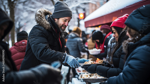 Volunteers distribute food to homeless people on a snowy city street