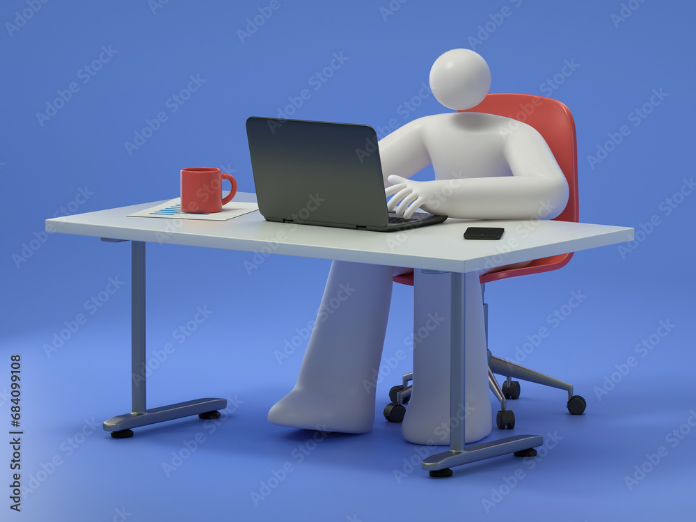 A 3D cartoon character is sitting at desktop. Work the computer, Office worker or company employee. 3d rendering,conceptual image A 3D cartoon character is sitting at desktop. Work the computer, Office worker or company employee. 3d rendering,conceptual image