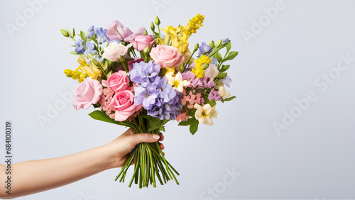 Watercolor illustration of a bouquet of wild flowers, a hand holds a bouquet of flowers. Lovely bouquet, perfect for printing on postcards