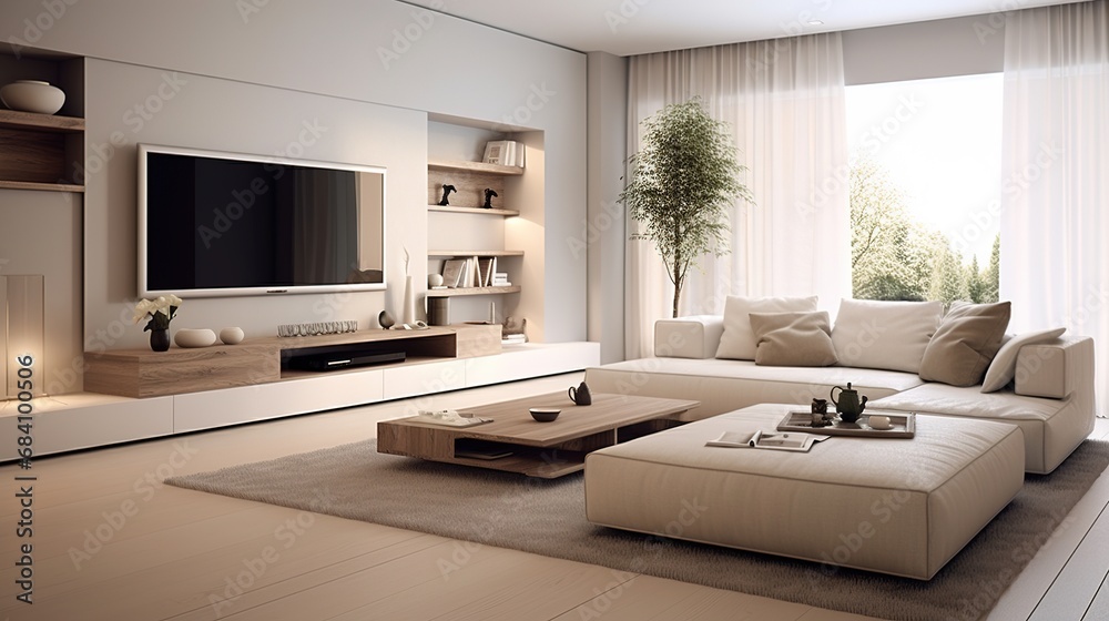 Modern open space interior with designer modular sofa, furniture, wooden coffee tables, throw, pillows and elegant personal accessories in stylish home decor. Neutral living room. Modern open space interior with designer modular sofa, furniture, wooden coffee tables, throw, pillows and elegant personal accessories in stylish home decor. Neutral living room.