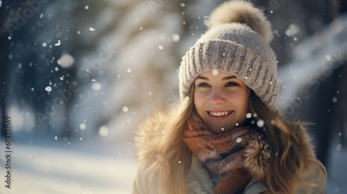 Young happy woman walking in winter park outdoors and having fun on snowy winter vacation