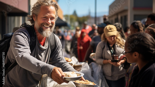 Volunteers distribute food to homeless people on a sunny city street  photo