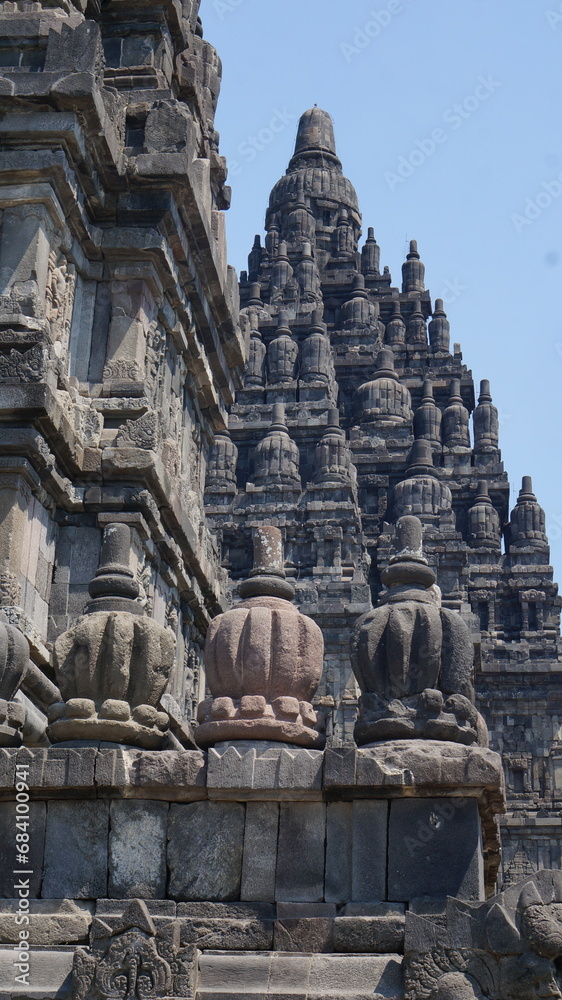 View of Prambanan the largest majestic Hindu stone temple in Indonesia 