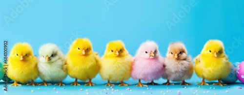 Colorful Easter Chicks Lineup on Pastel Blue Background