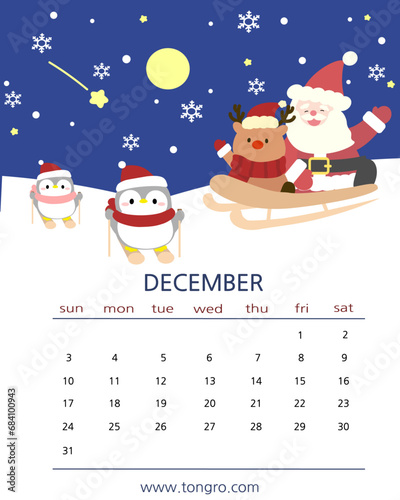 Sledding Santa and Rudolph December Calendar with penguin photo