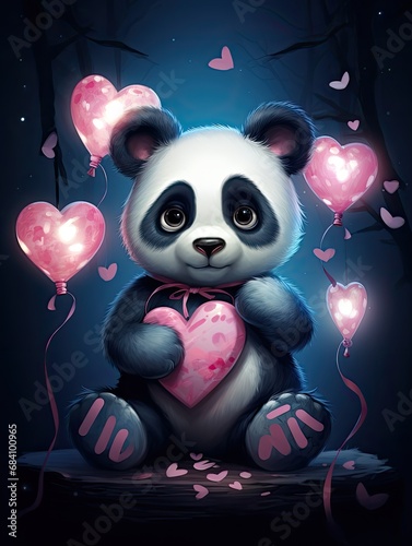 wesoła miś panda z kolorowymi balonikami różowo niebieskimi