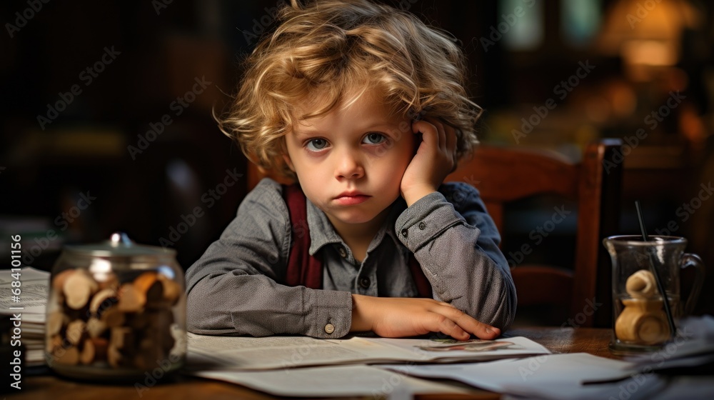 Offended young boy surrounded by papers at a table Offended young boy surrounded by papers at a table