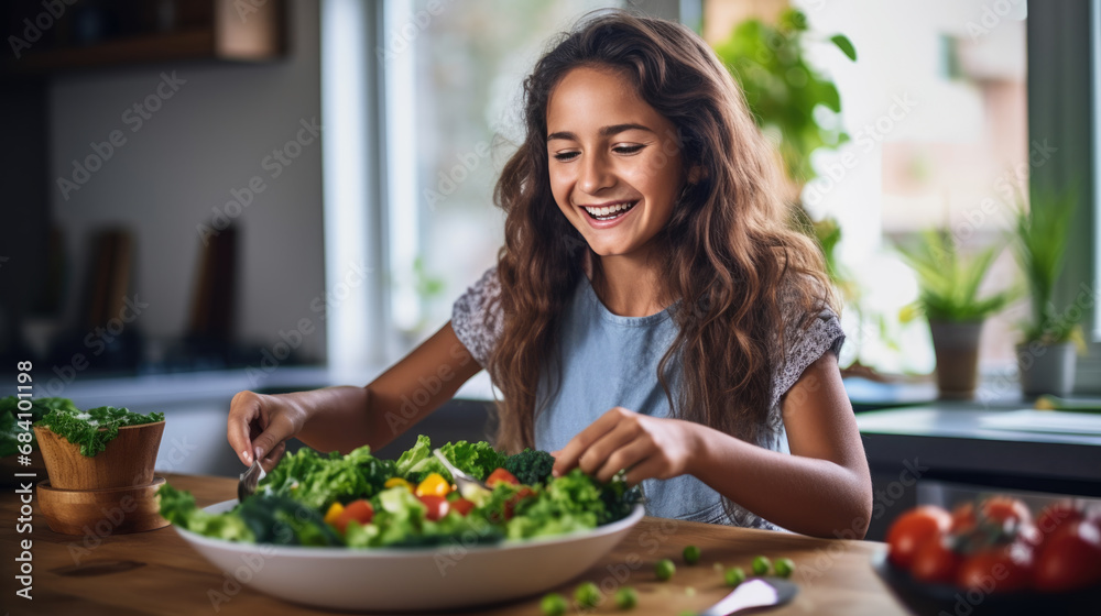 Smiling woman in a kitchen preparing a fresh salad with a variety of vegetables, reflecting a healthy lifestyle and enjoyment of cooking.