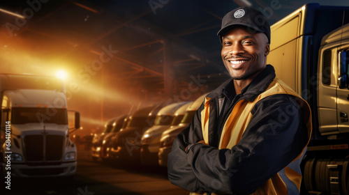 Smiling man with folded arms wearing a cap and a reflective jacket standing in front of a row of parked semi-trucks in a warehouse setting at dusk.