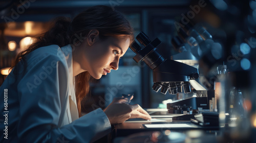 Focused woman scientist using a microscope in a laboratory setting  deeply engaged in research or analysis.