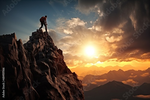 Tourist man hiker on top of mountain on the sunset